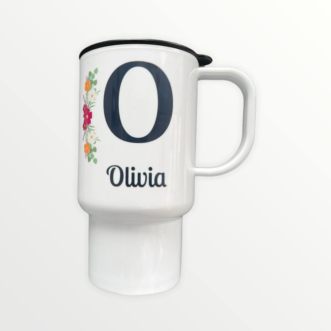Personalised 14oz Polymer Travel Mug With Name and Initial Flower