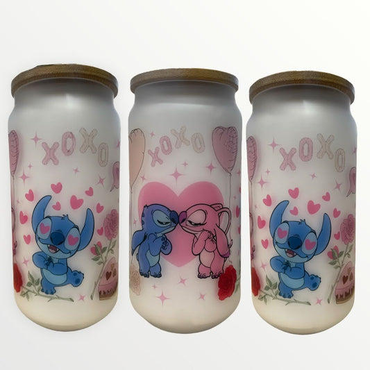 Stitch and Angel Valentine 18oz Frosted Glass Tumbler With Bamboo Lid Optional Personalisation