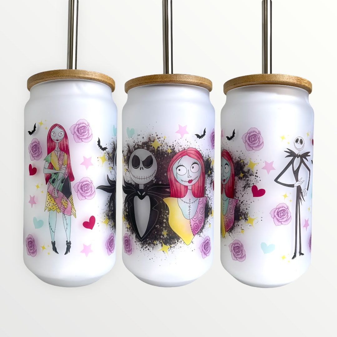 Nightmare Before Christmas Jack and Sally Valentine 18oz Frosted Glass Tumbler With Bamboo Lid Optional Personalisation