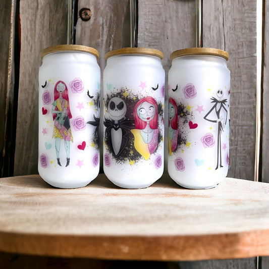 Nightmare Before Christmas Jack and Sally Valentine 18oz Frosted Glass Tumbler With Bamboo Lid Optional Personalisation