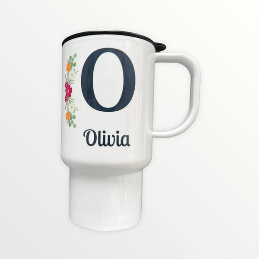 Personalised 14oz Polymer Travel Mug With Name and Initial Flower